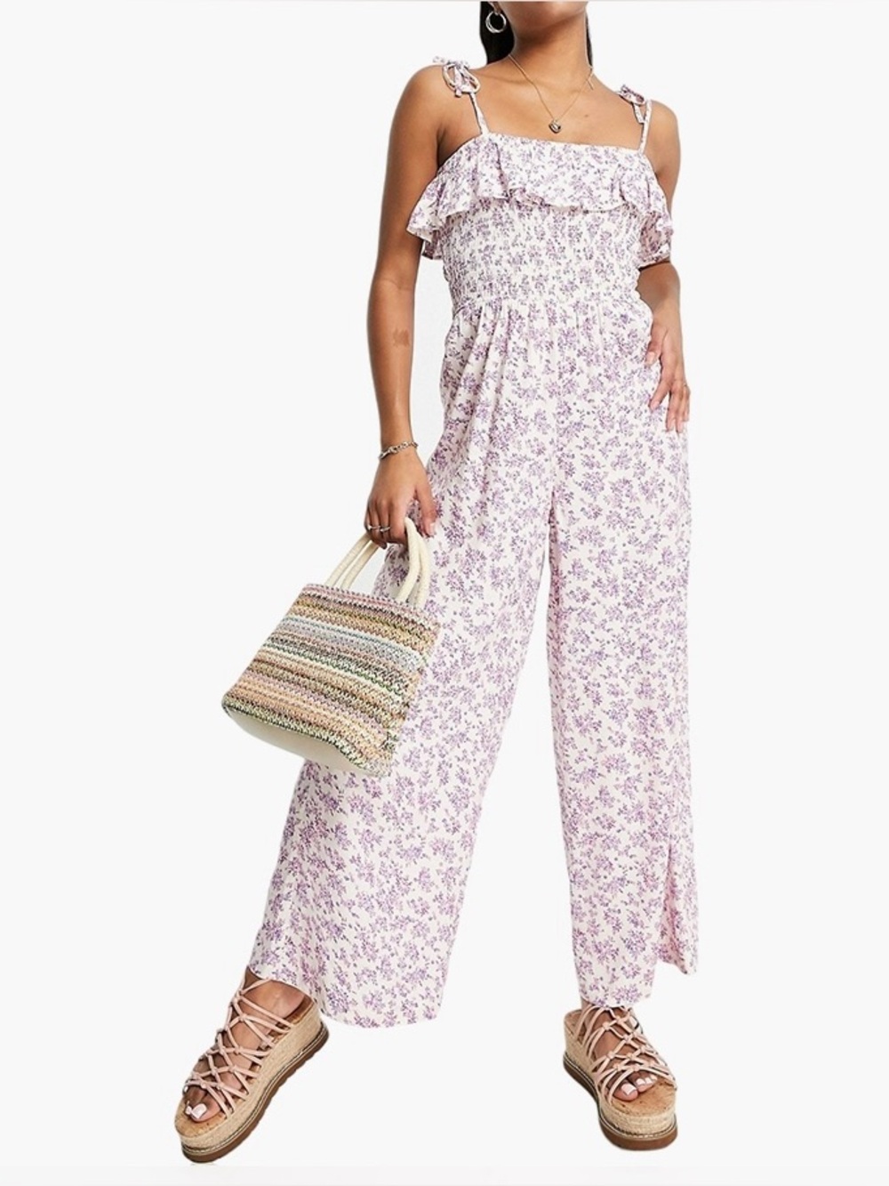 American Eagle Outfitters Cream Floral Tassel-Drawstring Jumpsuit
